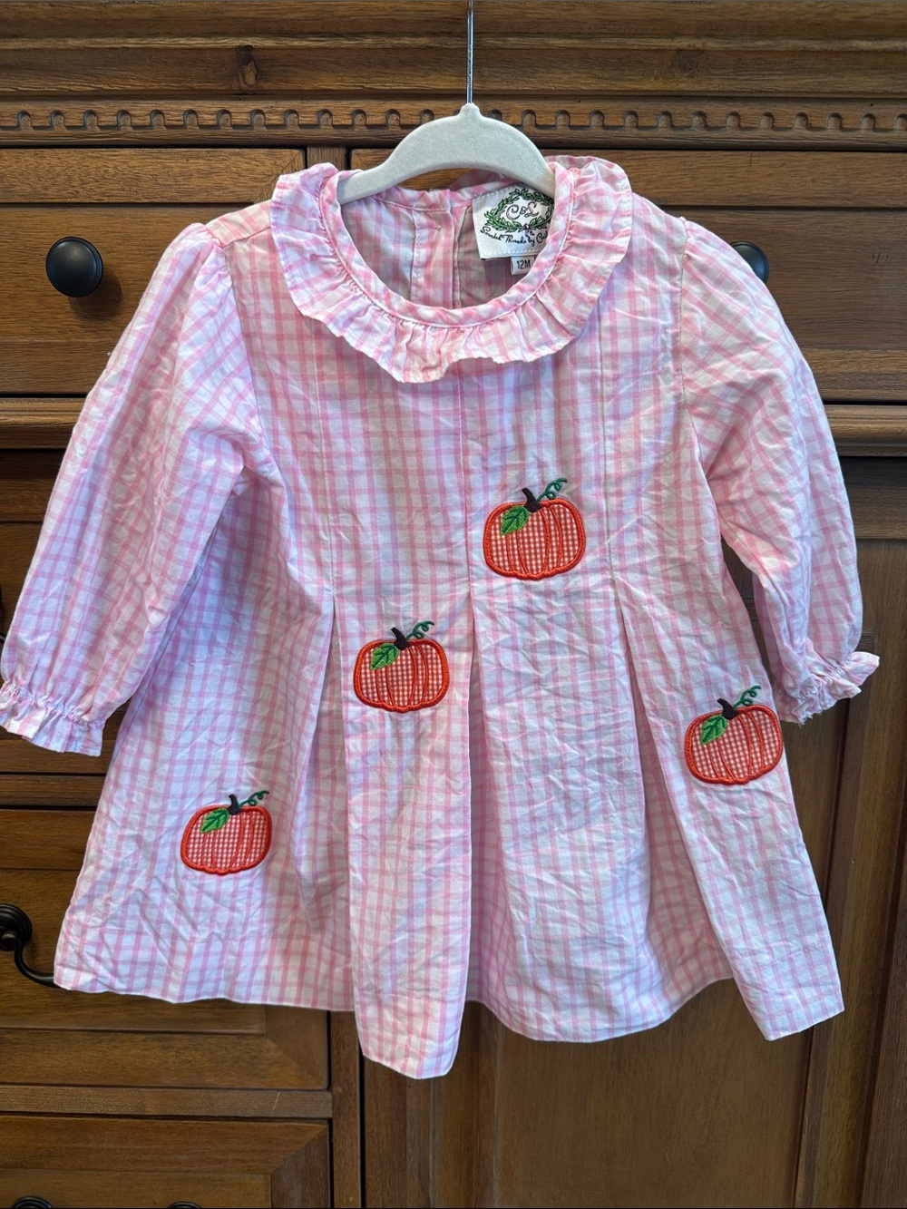 Girls' Pink Gingham Pumpkin Appliqué Dress
